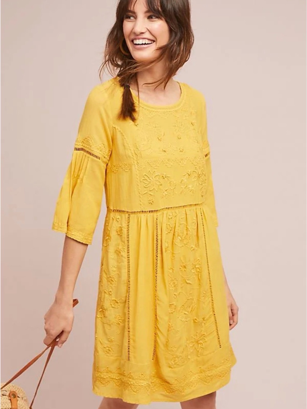 Anthropologie Yellow Embroidered Mini Dress Size M